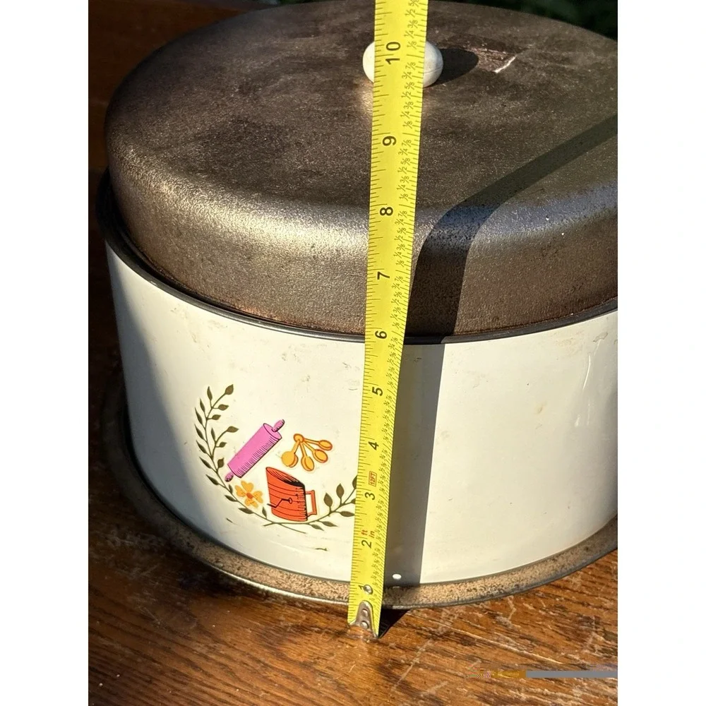 Vintage Tin Metal Pie Cake Carrier With Colorful Kitchen Utensils 3 Piece
